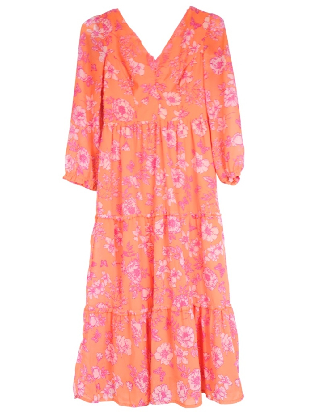 Sincerely Jules Floral Tiered Midi Dress XS Orange Pink Smocked Boho